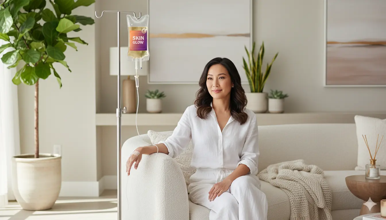 A woman relaxing at home as a skin glow IV drip is administered, with the IV stand beside her.
