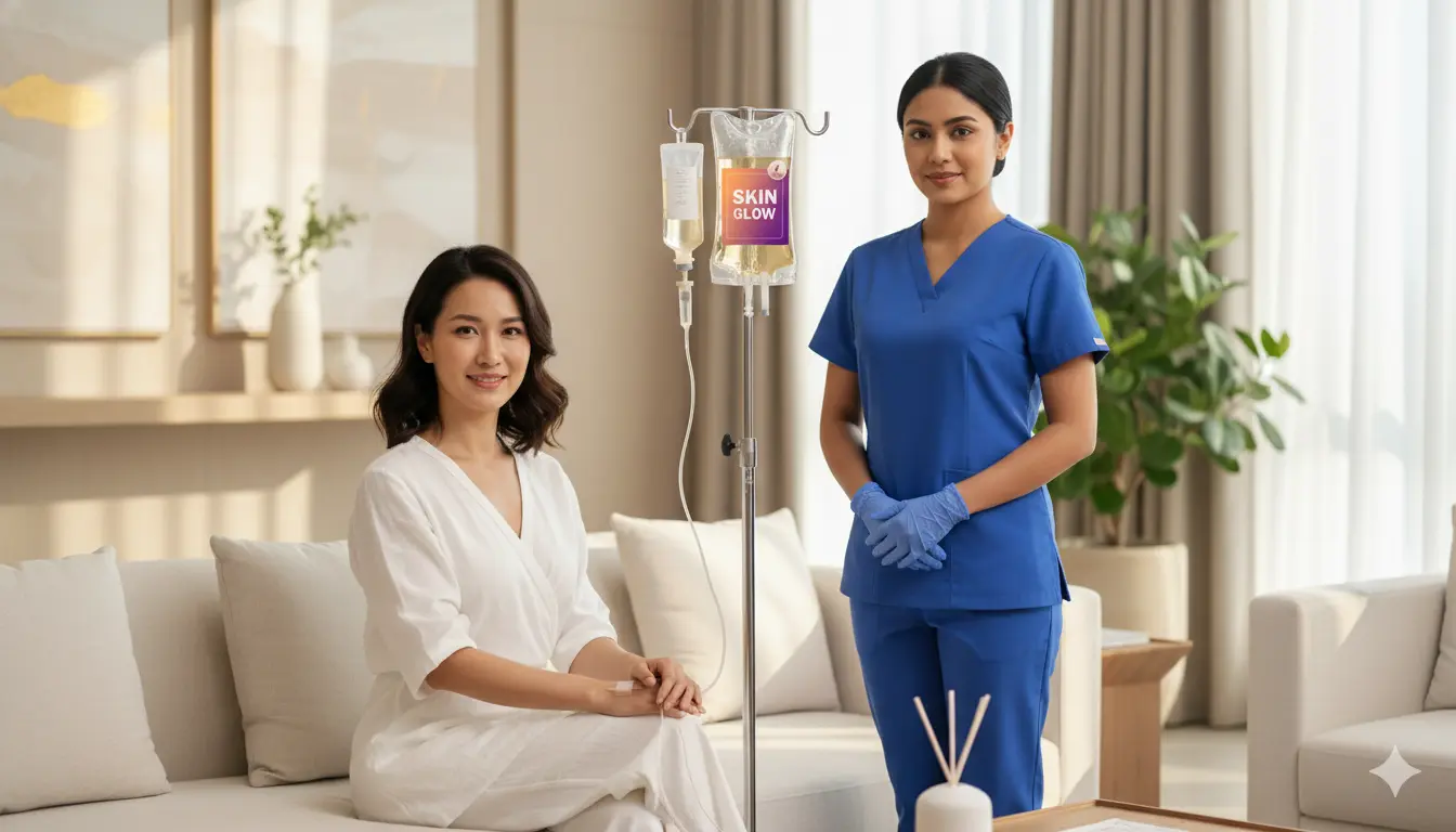 Skin glow IV drip in Dubai administered by a professional nurse to a woman in a comfortable setting