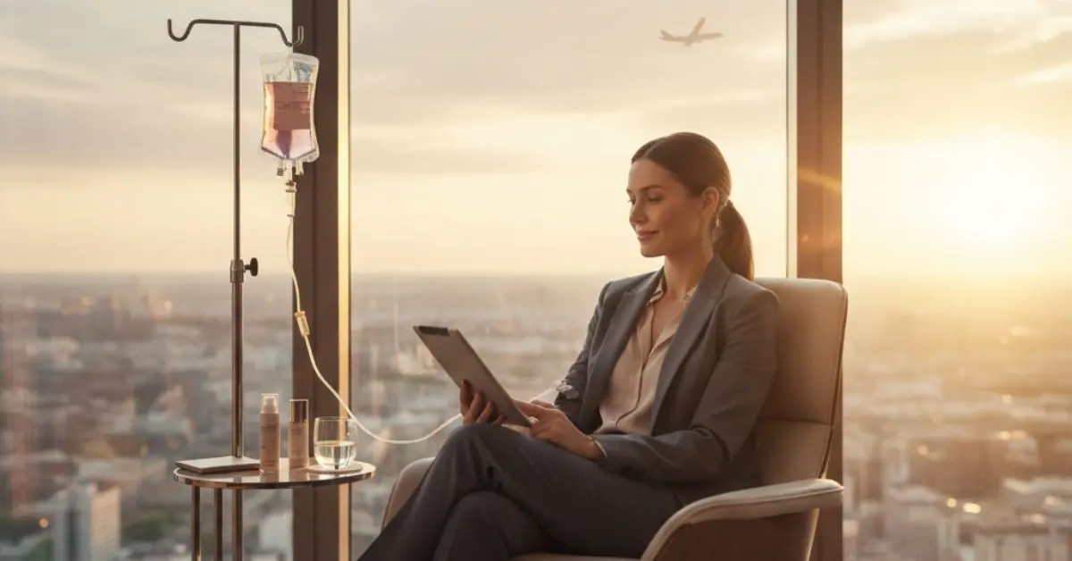 A professional woman receiving Skin Glow IV Therapy in a luxury lounge overlooking a city skyline, ideal for busy travelers and professionals seeking skin hydration and wellness.