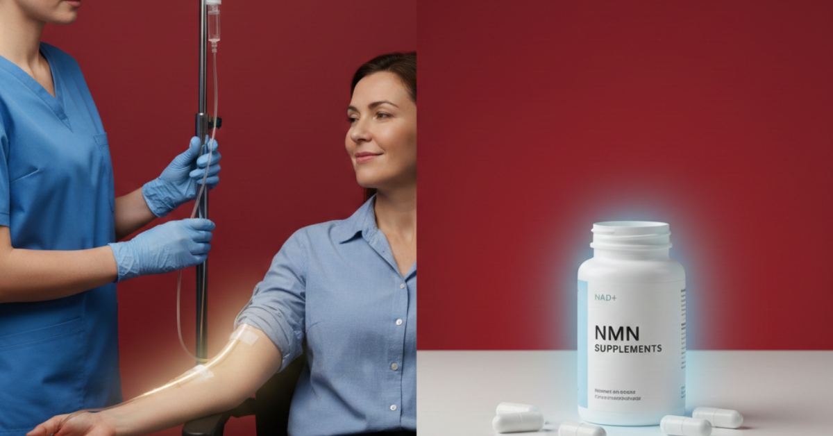 A split-screen medical illustration against a solid red background. On the left, a healthcare provider in blue scrubs administers an IV drip to a seated patient, with a golden glow illuminating the IV line. On the right, a white bottle of NMN supplements and capsules sits on a clean surface, emitting a soft blue light.