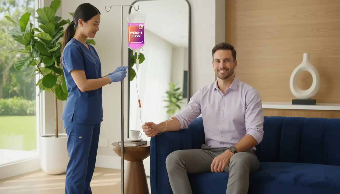 A man receiving a weight loss IV drip in Dubai while sitting on a modern blue sofa in a bright home setting with a large mirror. A professional nurse from SMR in blue scrubs is shown adjusting the IV bag, which is labeled with 'Weight Loss' and contains a pink fluid.