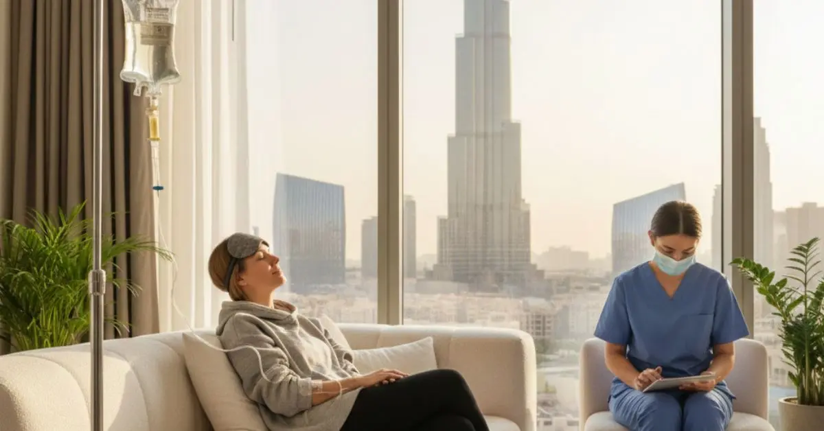 A traveler resting at home while receiving IV therapy after a long flight in Dubai