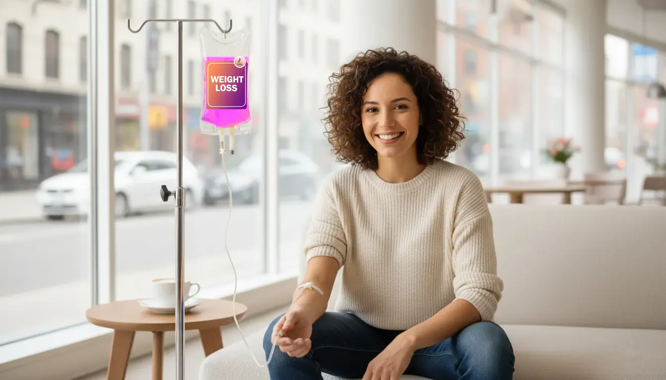 Close-up of a woman receiving fat-burning IV therapy in Dubai in a comfortable home environment.